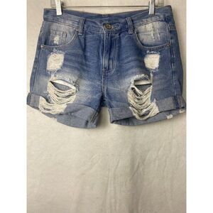 HAND WORK WOMENS DENIM BLUE CUFFED DISTRESSED SHORTS SIZE M/42 EUR